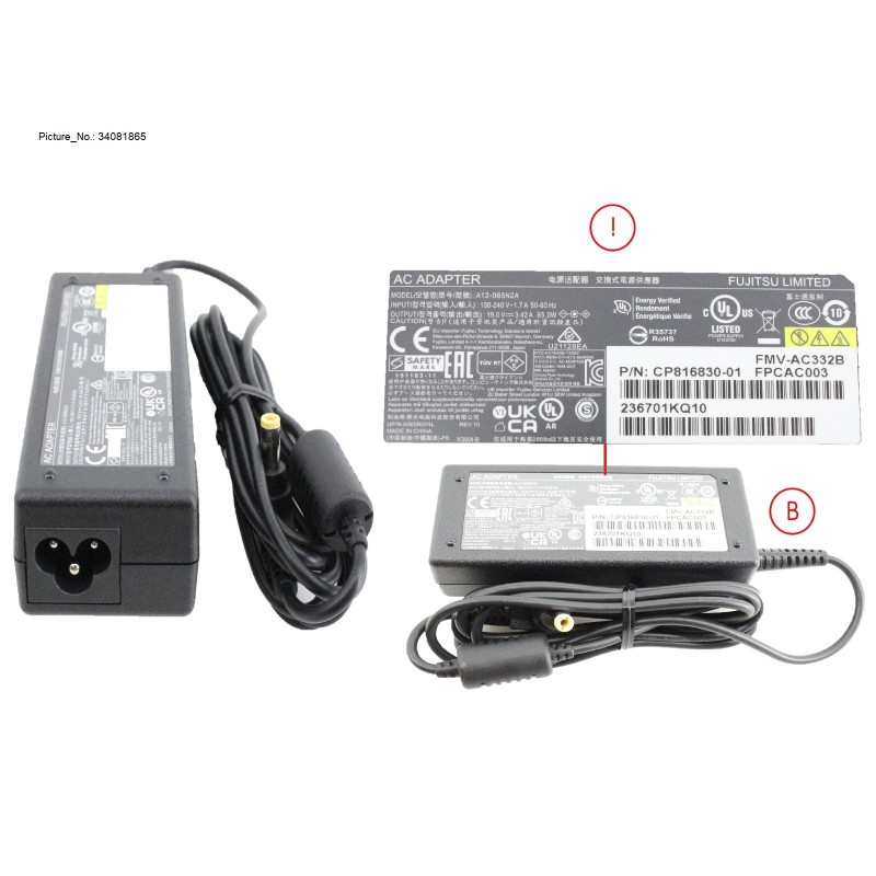 34081865 - AC-ADAPTER 19V 65W (3-PIN) UKCA TCO9